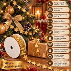 Panglica decorativa pentru bradul de Craciun, rola de 5 m lungime si 2 cm latime, aspect elegant si stralucitor, pentru impodobirea bradului, ambalare