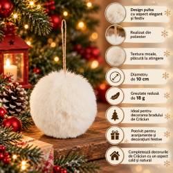 Glob decorativ pufos pentru bradul de Craciun, cu aspect de blana artificiala, design elegant cu textura moale si pufoasa, pentru impodobirea bradului