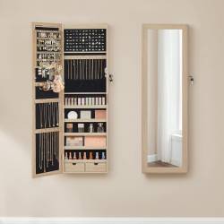 SONGMICS Dulap pentru bijuterii cu oglinda, montare pe perete sau usa, material MDF, inchidere cu cheie, 120x37x10 cm, stejar