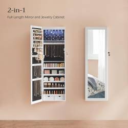SONGMICS Dulap pentru bijuterii cu oglinda, MDF, iluminare LED, montare pe perete sau usa, 37x10x120 cm, alb