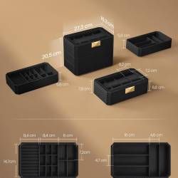 SONGMICS Cutie bijuterii si ceasuri Ronne, 3 niveluri, capac sticla, 27x20x16 cm, negru texturat