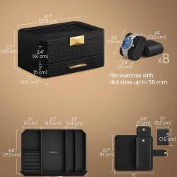 SONGMICS Cutie ceasuri Ronne Collection, 8 sloturi cu compartimente, piele PU impletita, 27x20x15 cm, negru