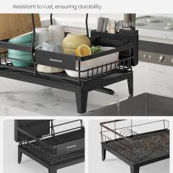 SONGMICS Suport vase metalic pe 2 niveluri si suport tacamuri, cu tava si scurgere mobila direct in chiuveta, 42x31x37 cm, negru