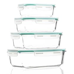 Set 4 recipiente din sticla termorezistenta, cu capac etans, BPA free, 350ml / 600ml / 1000ml / 1450ml , transparent