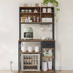 VASAGLE Raft bucatarie cu sertar si 12 carlige, 4 rafturi reglabile, 4 prize incorporate, stil industrial, 80x40x180 cm, maro rustic