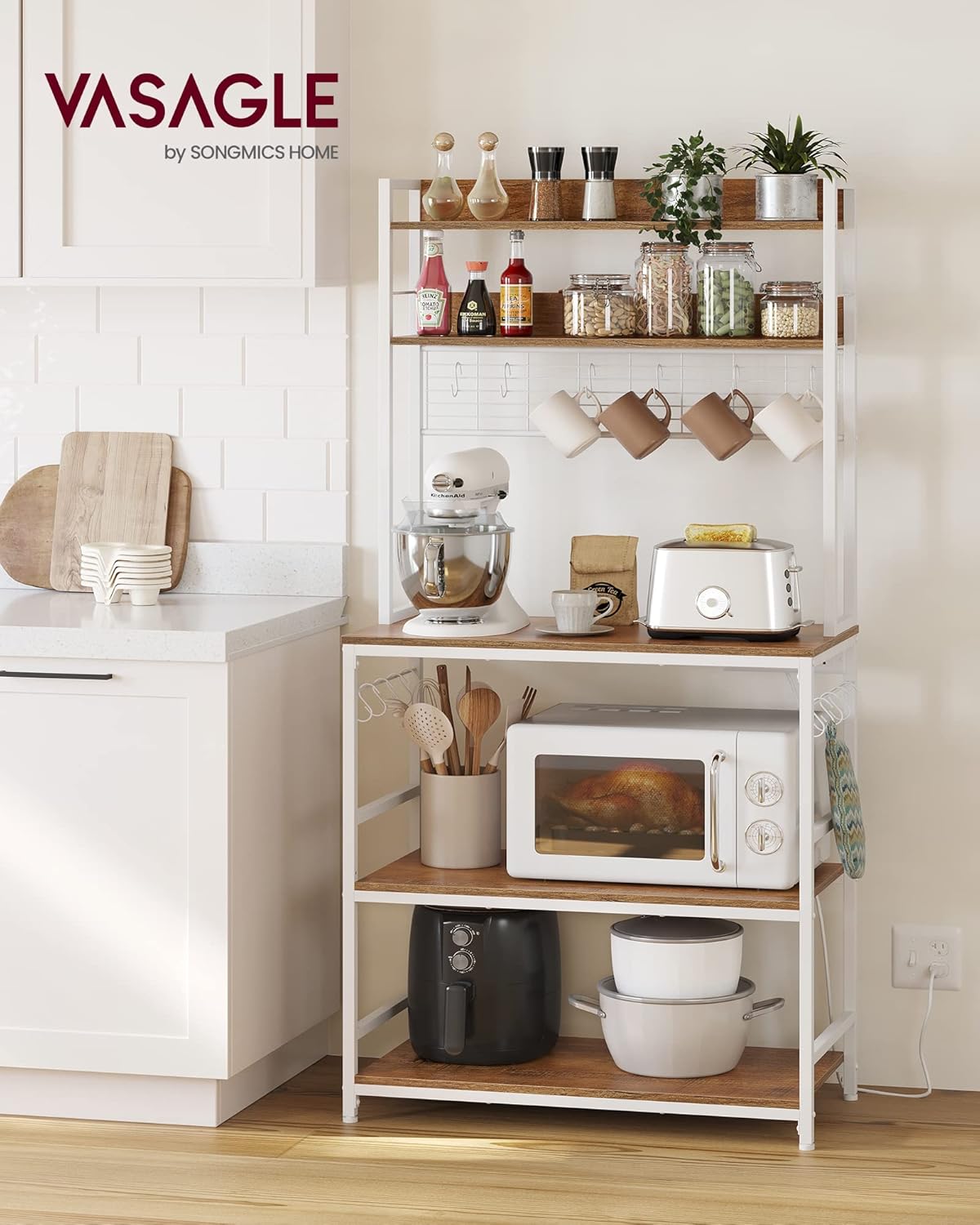 VASAGLE Raft de bucatarie cu spatiu pentru cuptorul cu microunde, 5 rafturi reglabile, 4 prize incorporate, cadru metalic, 80x40x170 cm, maro rustic s