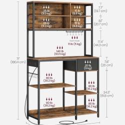 VASAGLE Raft bucatarie cu polite reglabile si sertar, 4 prize integrate, cadru metalic, stil industrial, 110x41x180 cm, maro rustic