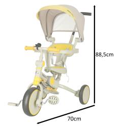 Tricicleta copii 6in1, 70x31x89 cm, cu ghidon reglabil, sezut cu spatar si copertina, cadru metalic, galben-gri