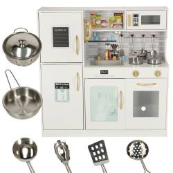 Bucatarie copii din lemn cu frigider, accesorii si electrocasnice grafice, 80x24x80 cm, alb