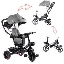 Tricicleta 3in1 105x52x94 cm, cu sezut rotativ 360°, roti fara aer, copertina reglabila, gri
