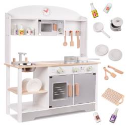 Bucatarie din lemn pentru copii cu accesorii, MDF si lemn, 68x25x82 cm, gri si alb