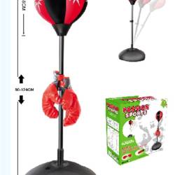 Set sac de box pentru copii, cu baza stabila, reglabila 90–124 cm, manusi si pompa incluse, negru-rosu
