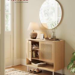 VASAGLE Raft pantofi 3 usi cu aspect ratan, cadru PAL si picioare metalice, stil boho, 80x35x70 cm, stejar bej