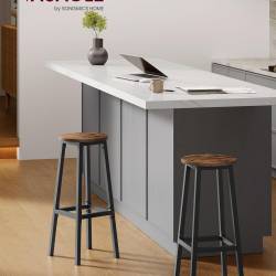 VASAGLE Set 2 scaune bar inalte, sezut rotund, cadru din otel, inaltime 74 cm, stil industrial, maro rustic si negru