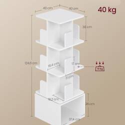 VASAGLE Biblioteca rotativa, MDF, cu 4 niveluri si compartimente deschise, montaj pe podea, 40x40x125 cm, alb