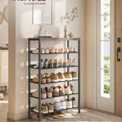 VASAGLE Etajera pantofi 6 niveluri, rafturi metalice reglabile, blat din PAL, stil industrial, 75x28x114 cm, maro rustic
