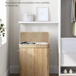 SONGMICS Cos de rufe din bambus cu capac 100L, sac textil detasabil, 55x35x61 cm, bej natur
