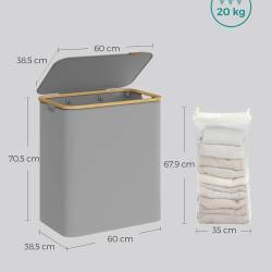 SONGMICS Cos de rufe textil, pliabil, cu 3 compartimente detasabile, 150L, 60x39x71 cm, gri
