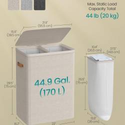 SONGMICS Cos rufe cu 2 compartimente si capac, saci detasabili cu maner, 170 litri, 56x40x75 cm, bej