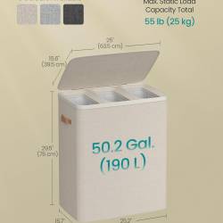 SONGMICS Cos rufe cu 3 compartimente si capac, saci detasabili cu maner, 190 litri, 64x40x75 cm, bej
