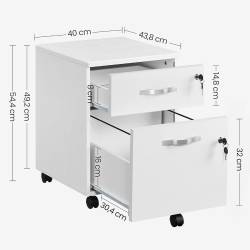 VASAGLE Dulapior de birou cu 2 sertare, incuietori, suport dosare A4, 5 roti, 44x40x55 cm, alb