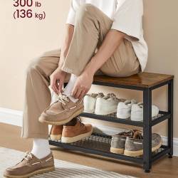 VASAGLE Cuier hol 2 piese cu banca si suport pantofi, 7 carlige, 2 polite, PAL si cadru metalic, 73x30x45 cm, maro rustic
