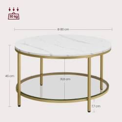 VASAGLE Masa de cafea rotunda cu blat din imitatie de marmura, polita suplimentara din sticla, 80x45cm, alb si auriu