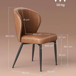 VASAGLE Set 2 scaune dining bucatarie EKHO, tapitate cu piele ecologica si picioare metalice, 55x52x81 cm, maro caramel