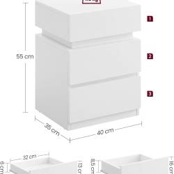 VASAGLE Set 2 noptiere din MDF cu iluminare LED, culori si intensitate reglabile, 35x40x55cm, alb