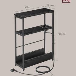 VASAGLE Masuta ingusta cu priza si porturi de incarcare USB, 3 rafturi, 45x18x58 cm, negru