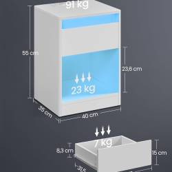 VASAGLE noptiera cu iluminare LED reglabila, 35x40x55 cm, sertar si raft deschis, MDF si PAL, alb