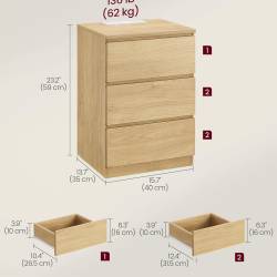VASAGLE Noptiera Kailyn cu prize si USB integrate, 3 sertare, PAL, 40x35x59 cm, natur