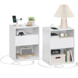 VASAGLE Set 2 noptiere cu porturi USB si prize, sertar si rafturi deschise, 45x35x58 cm, alb mat