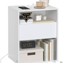 VASAGLE Noptiera cu sertar si statie de incarcare, 2 prize, 2 porturi USB, 45x35x58 cm, alb