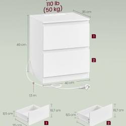 VASAGLE Noptiera Kailyn cu 2 sertare, 2 prize integrate si 2 porturi USB, 40x35x49 cm, alb