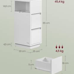 VASAGLE Set 2 noptiere inguste cu 2 sertare si compartiment deschis reversibil, PAL si MDF, 30x25x65 cm, alb