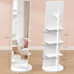 SONGMICS Oglinda inalta rotativa 360°, 2 in 1 cu rafturi si cuier in spate, MDF, sticla securizata, 45x45x163 cm, alb