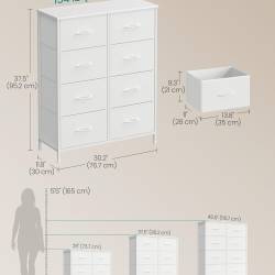SONGMICS Comoda cu 8 sertare textile cu structura MDF, cadru metalic, stil minimalist, 77x30x95 cm, alb