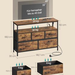 SONGMICS Comoda cu iluminare LED, statie incarcare cu prize si USB, 5 sertare si raft deschis, stil industrial, 99x30x68 cm, maro rustic