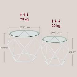 VASAGLE Set 2 masute rotunde, blat sticla securizata, cadru metalic alb, 40 si 50 cm, alb