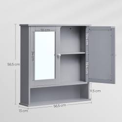 VASAGLE Dulap de baie de perete cu oglinda, 2 usi, compartiment deschis, rafturi reglabile, 13x56x58cm, gri