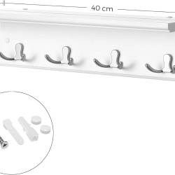 SONGMICS Cuier perete cu raft, 4 carlige duble metalice, MDF, 42x11x15 cm, alb