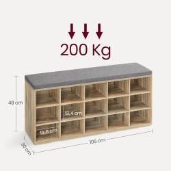 VASAGLE Banca pantofi cu sezut si perna, 15 compartimente deschise, PAL, 105x30x48 cm, gri stejar