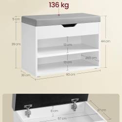 VASAGLE Pantofar cu bancheta tapitata, 3 compartimente, PAL si sezut din PU, 60x30x44 cm, alb