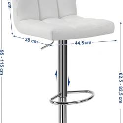 SONGMICS Set 2 scaune bar reglabile pe inaltime, cu spatar, sezut PU si suport picioare, rotatie 360°, 38x45x115 cm, alb