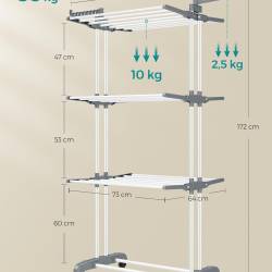 SONGMICS Uscator de rufe pliabil 4 niveluri, cu aripi laterale si roti, otel inoxidabil, 126x64x172 cm, alb