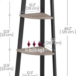 VASAGLE Raft de colt cu 4 etaje, tip biblioteca, cadru metal si polite lemn, 34x34x125 cm, gri stejar si negru
