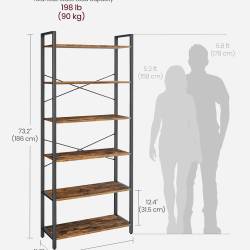 VASAGLE Biblioteca cu 6 rafturi, etajera stil industrial, PAL si cadru metalic, 30x80x186 cm, maro rustic