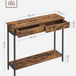 VASAGLE Masa tip consola cu 2 sertare, blat aspect lemn si cadru metalic, stil industrial, 100x30x80 cm, maro rustic