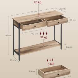 VASAGLE Masa tip consola cu 2 sertare, blat aspect lemn si cadru metalic, stil industrial, 100x30x80 cm, maro camel